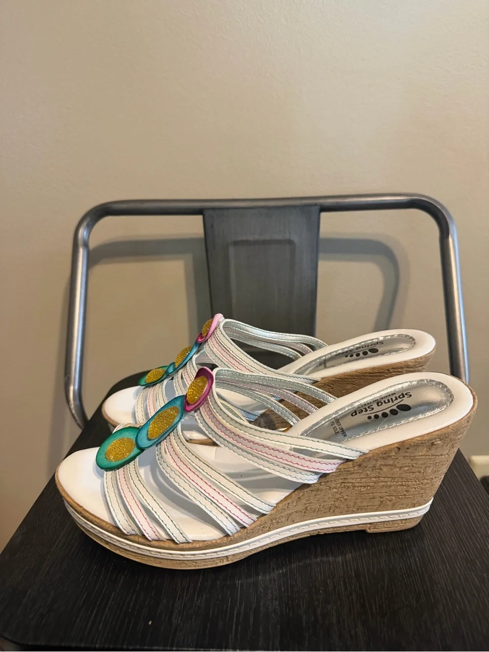 Spring Step Italy Leather Floral Wedge Slide Sandals EU 39. 8.5